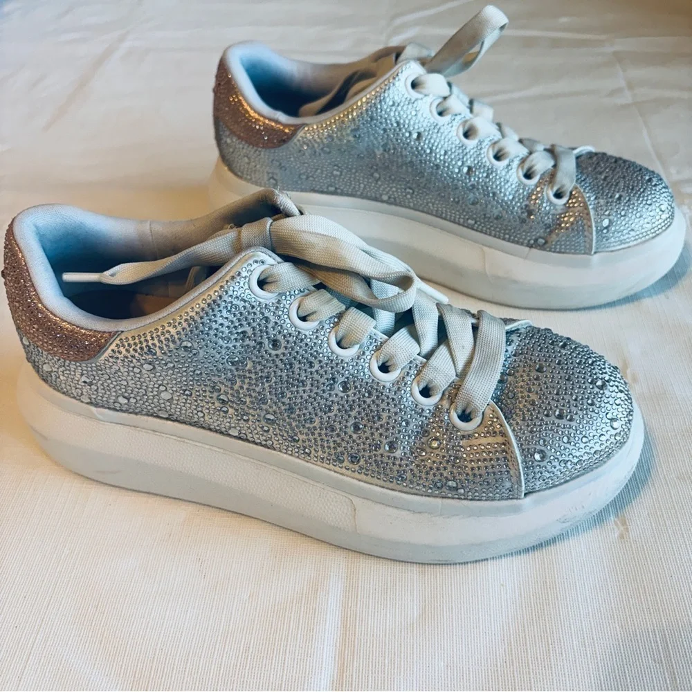 Silver Crystal Embellished Platform Sneakers